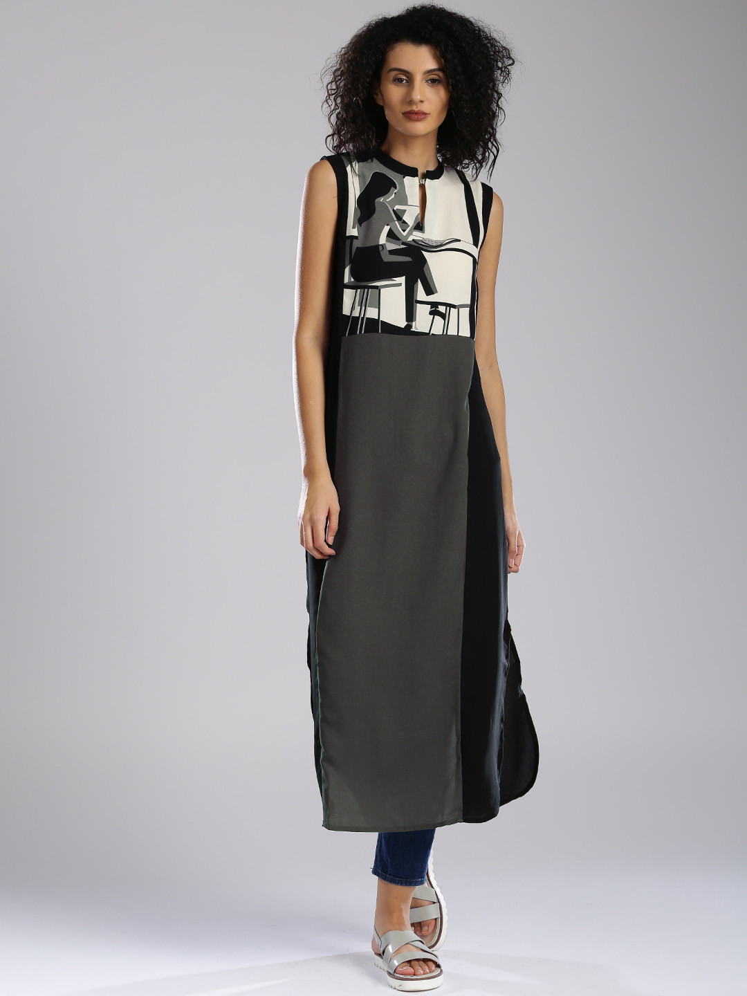 W Grey & Black Polyester Printed Kurta