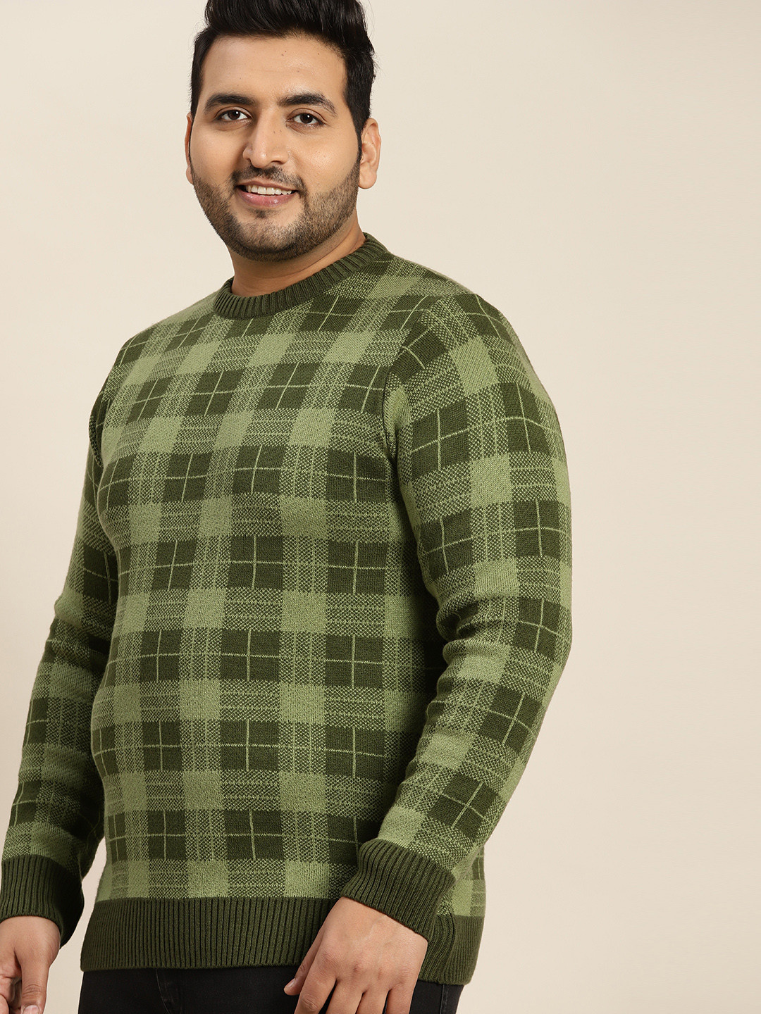 Sztori Men Plus Size Green Checked Round Neck Pullover