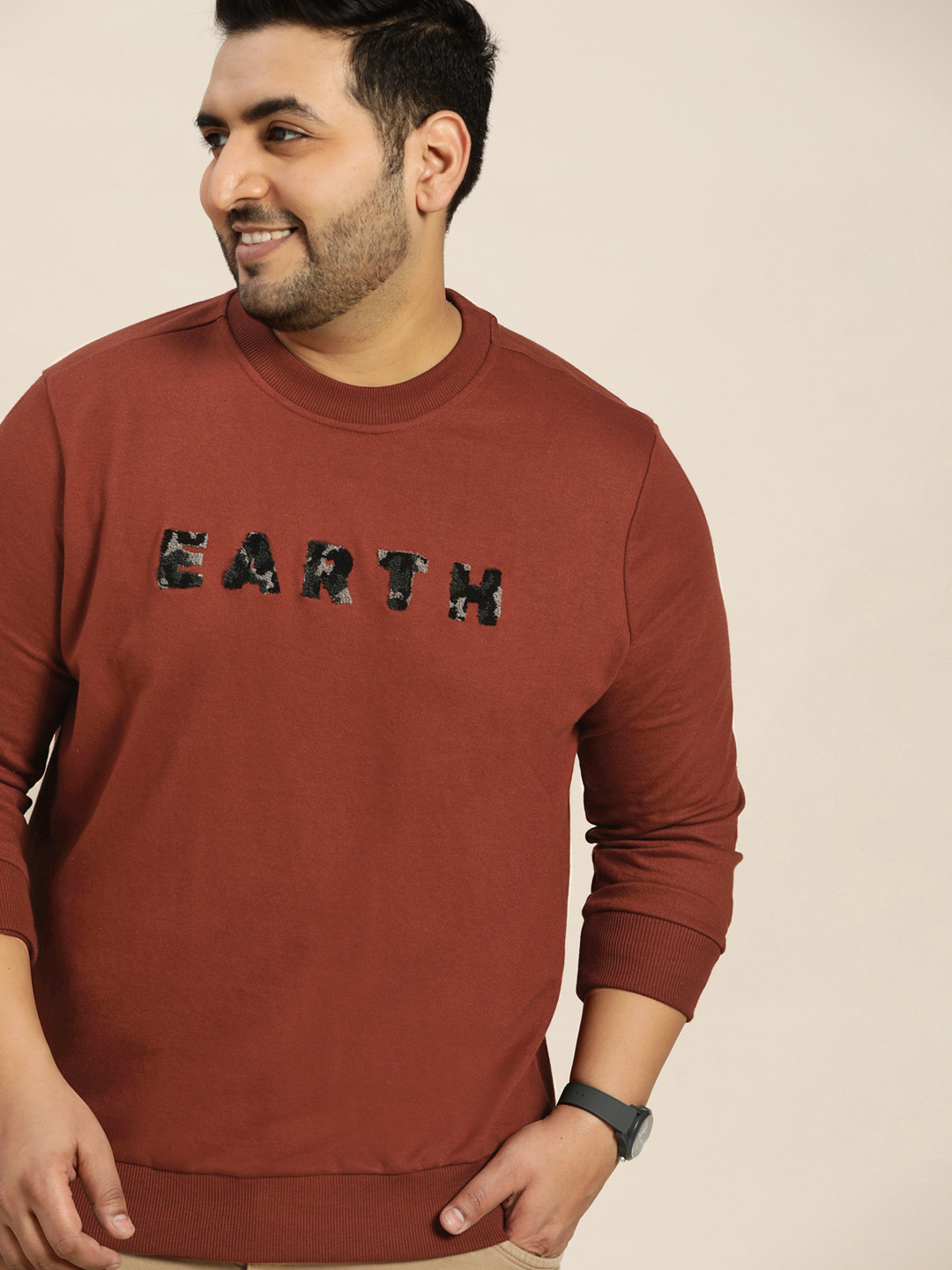 Sztori Men Plus Size Rust Red Applique Sweatshirt