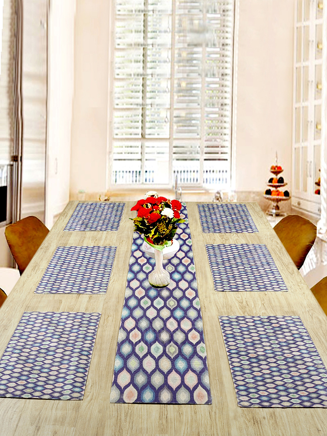 BELLA TRUE Set of 7 Blue & Beige Geometrical Digital Printed Table Placements & Runner