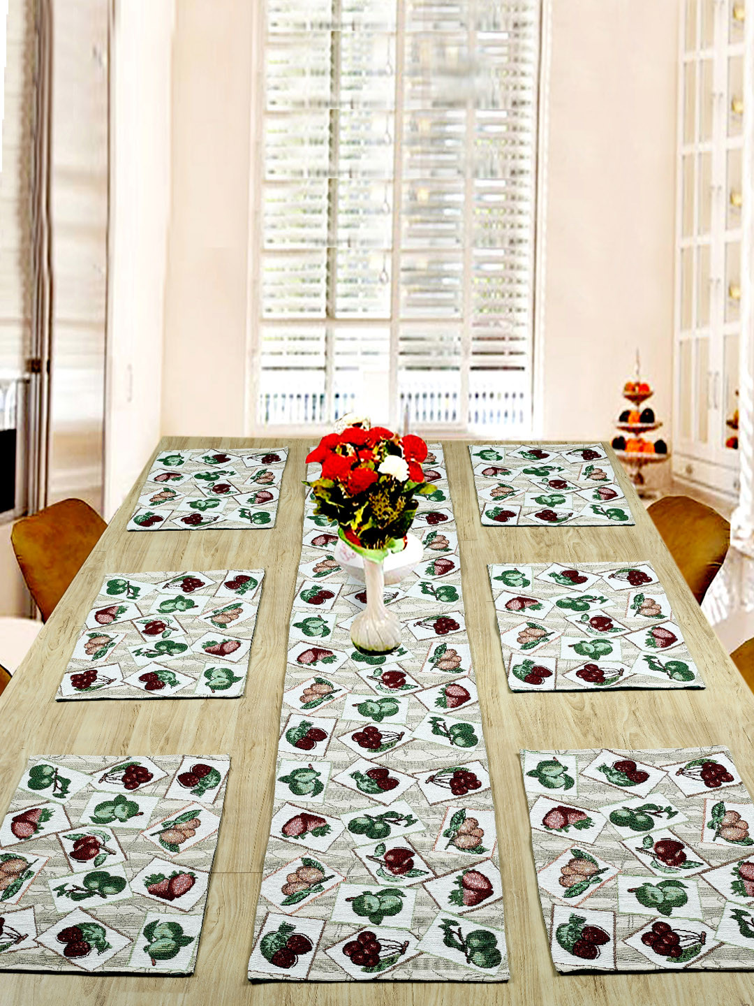 BELLA TRUE Set of 7 Grey & Green Mix fruit Printed Table Placement and Runner set