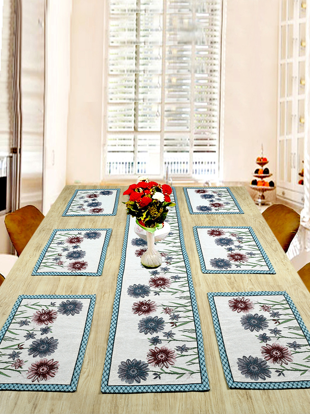 BELLA TRUE Set of 7 White & Blue Floral Printed Table Placemats and Runner Set