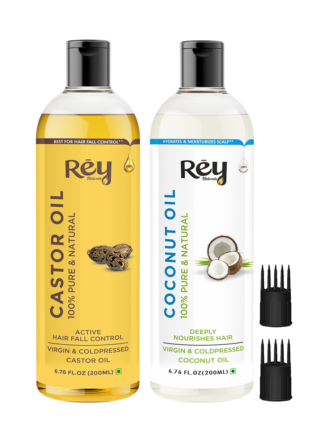 Rey Naturals Set of 2 Cold-Pressed 100% Pure Castor Oil & Coconut Oil - 200 ml each