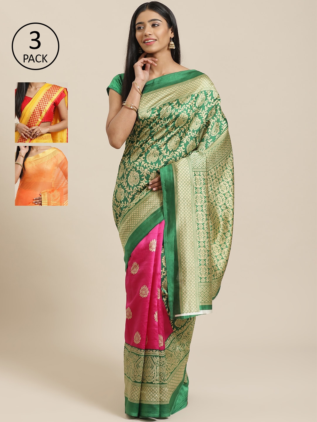 KALINI Pack Of 3 Art Silk Printed Mysore Silk Sarees