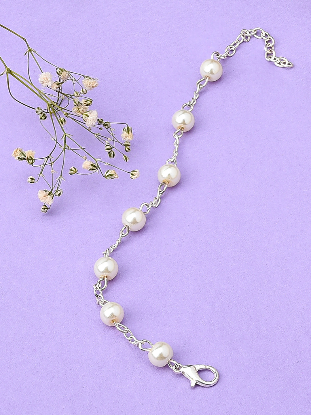 Zaveri Pearls White Silver-Plated Pearls Wraparound Bracelet