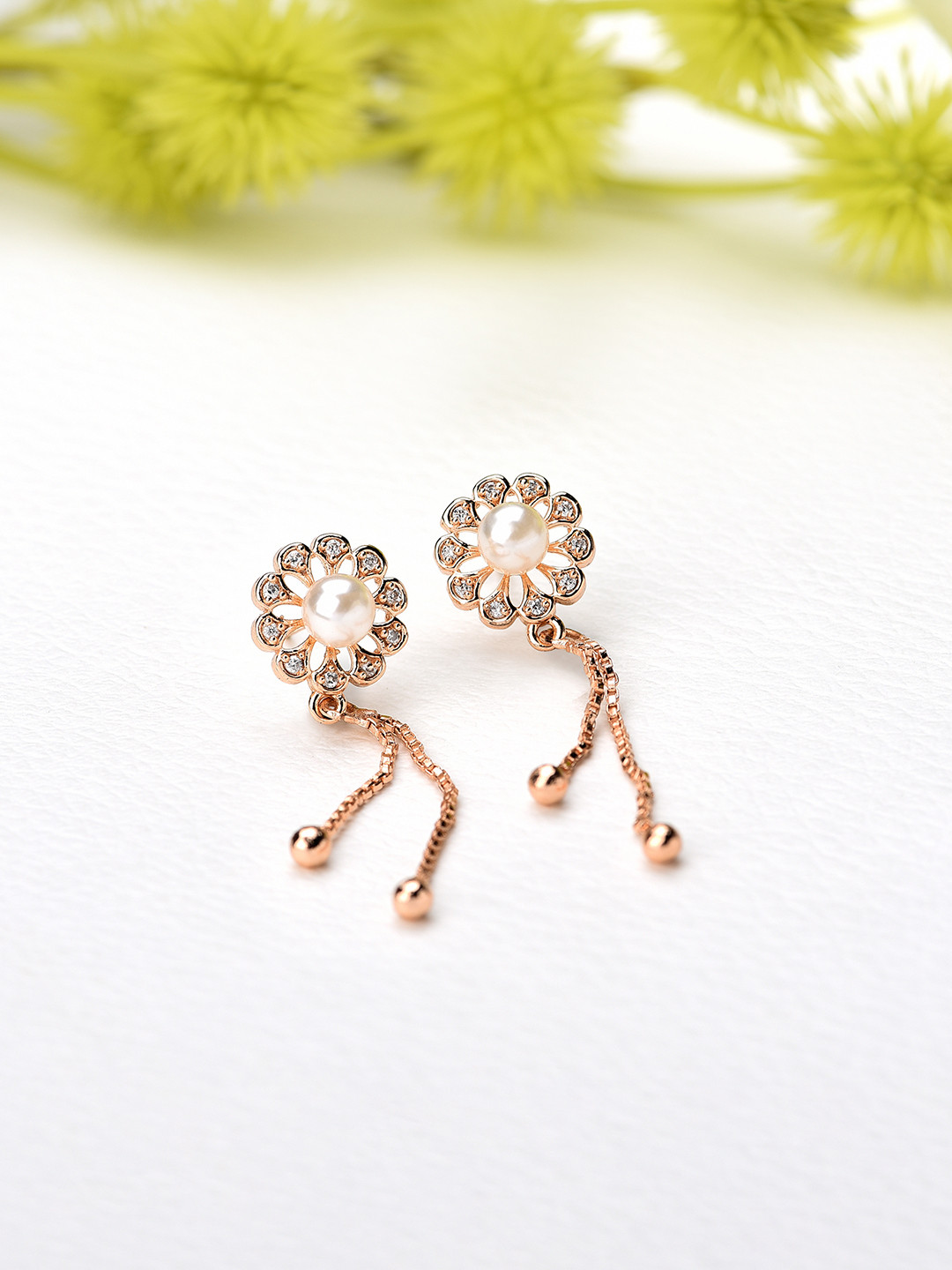 Zaveri Pearls Rose Gold-Plated Cubic Zirconia Studded Floral Drop Earrings