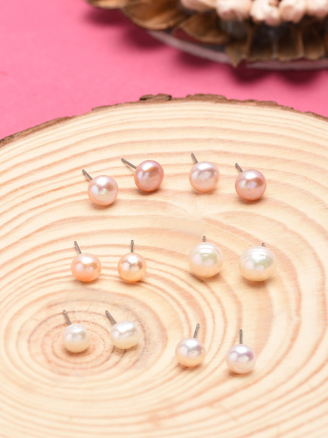 Zaveri Pearls Set Of 6 Freshwater Pearl Spherical Studs