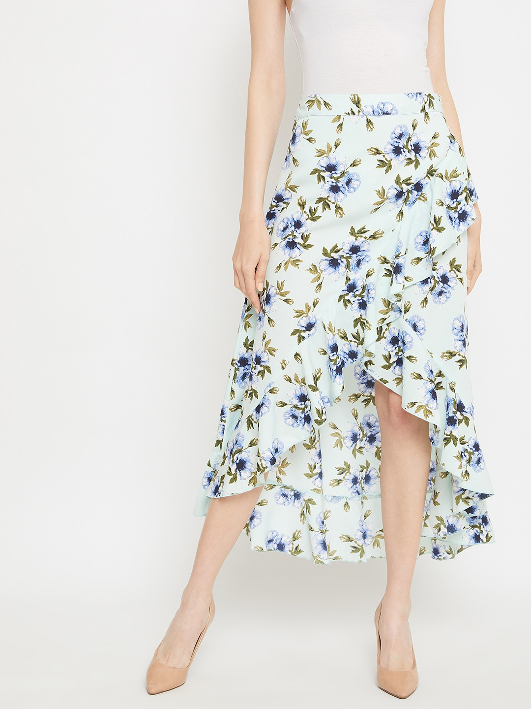 Berrylush Sea Green & Blue Floral Printed Wrap Midi Skirt