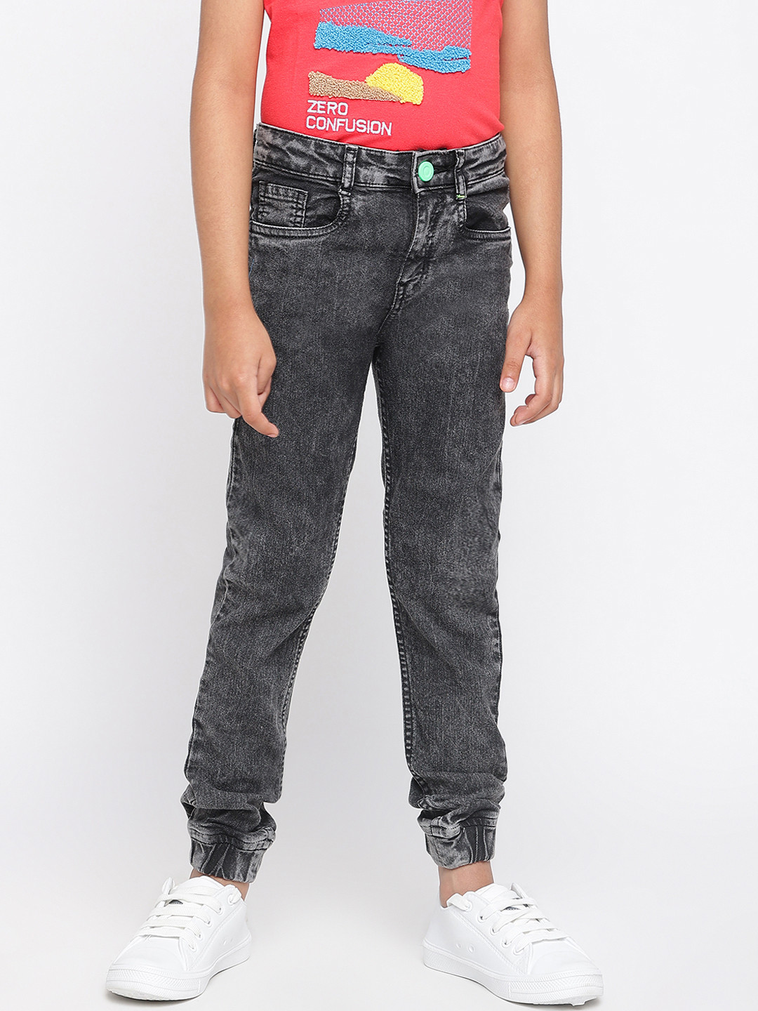 TALES & STORIES Boys Black Slim Fit Light Fade Cuffed Hem Jeans