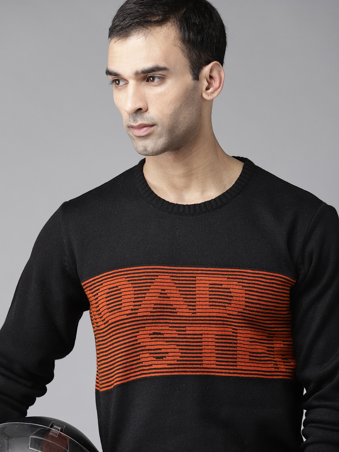 Roadster Men Black & Orange Acrylic Typography Pullover