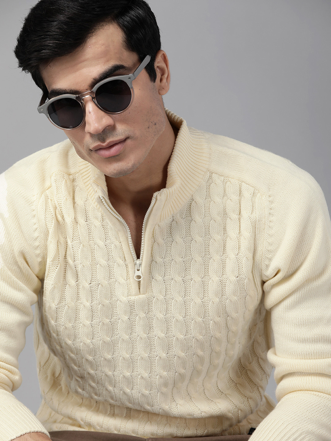Roadster Men Cream-Coloured Cable Knit Pullover
