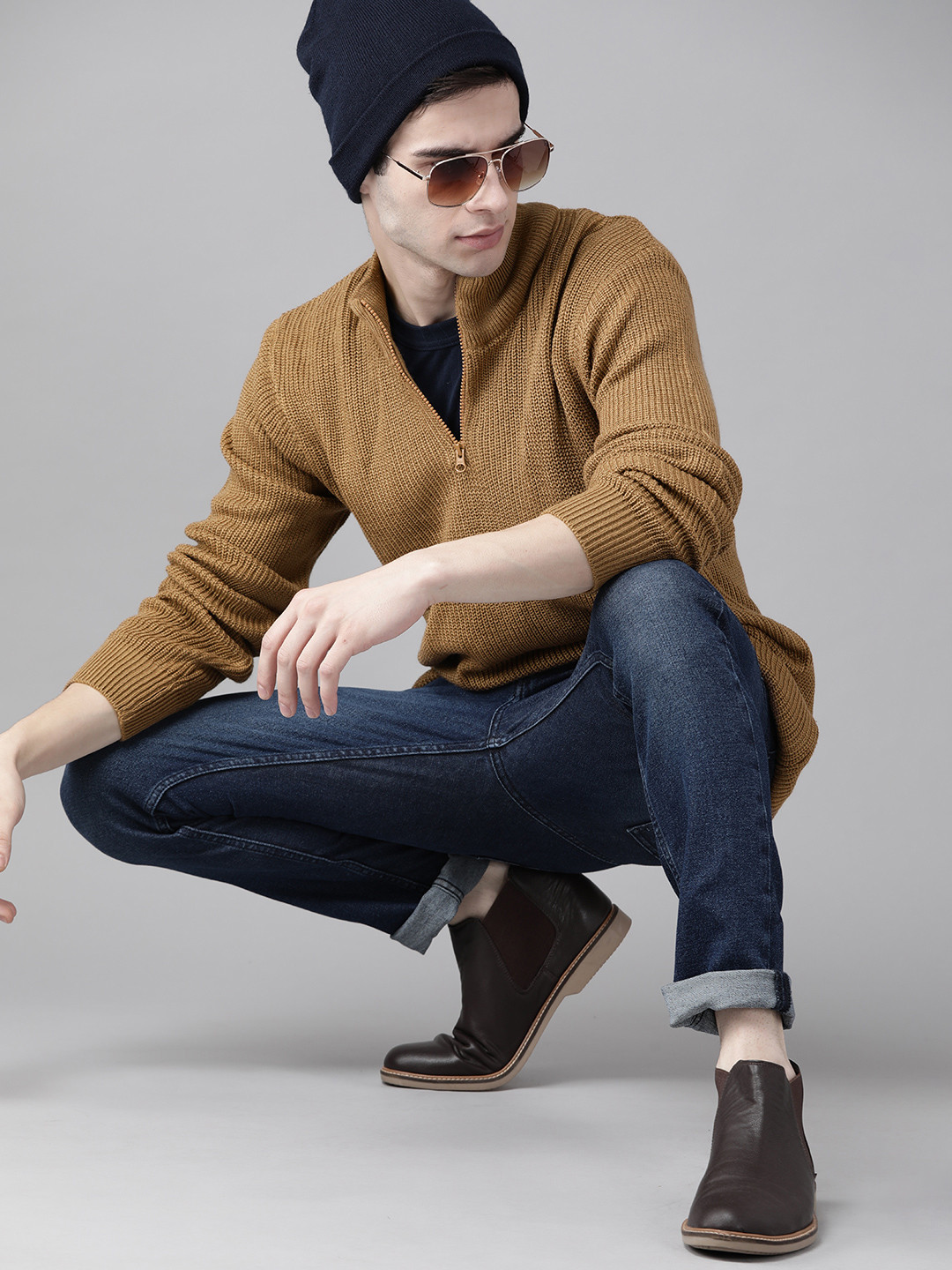 Roadster Men Brown Solid Half Zipper Pullover