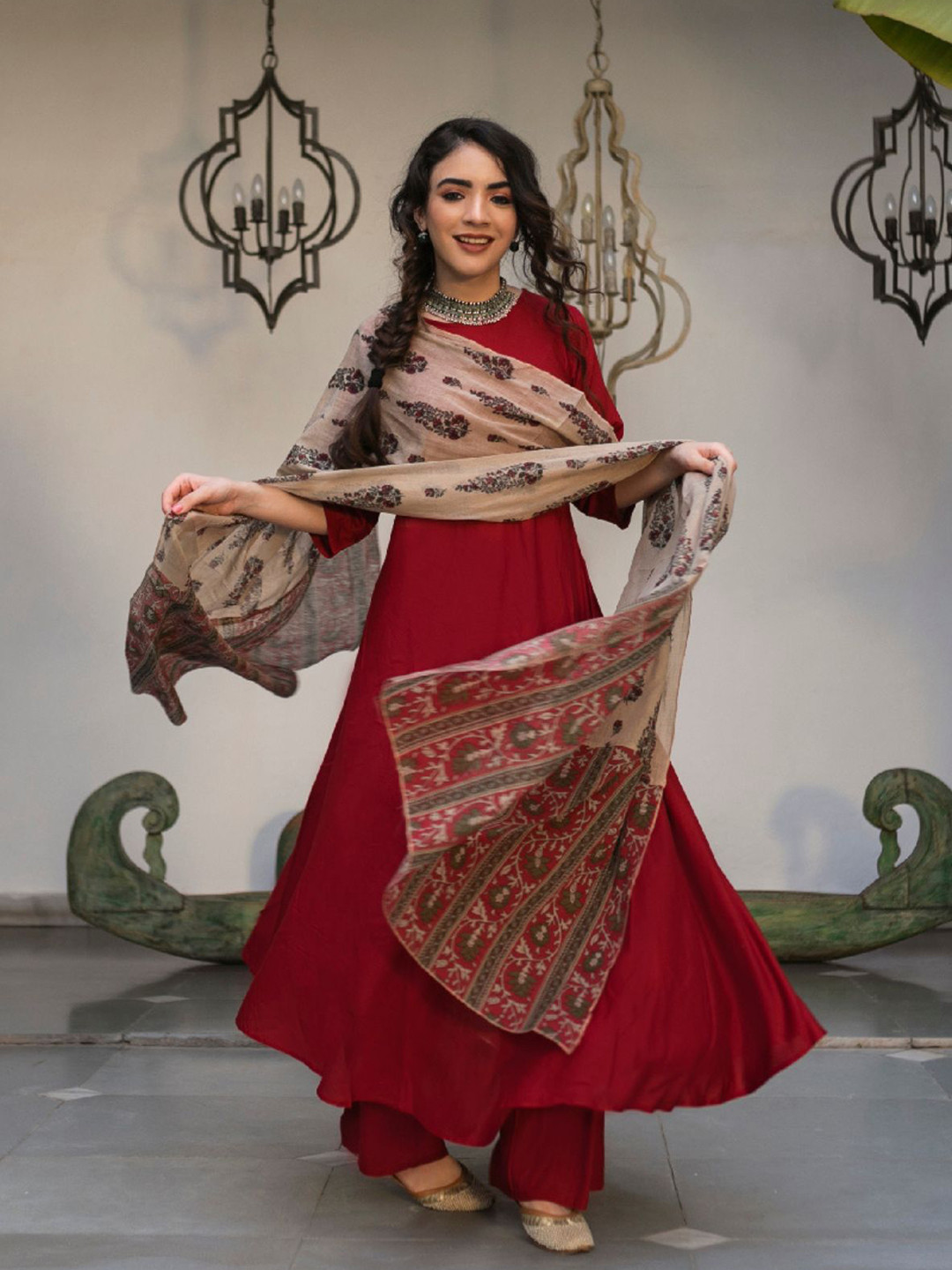 Rustorange Women Maroon Solid Anarkali Kurta with Palazzo & Dupatta