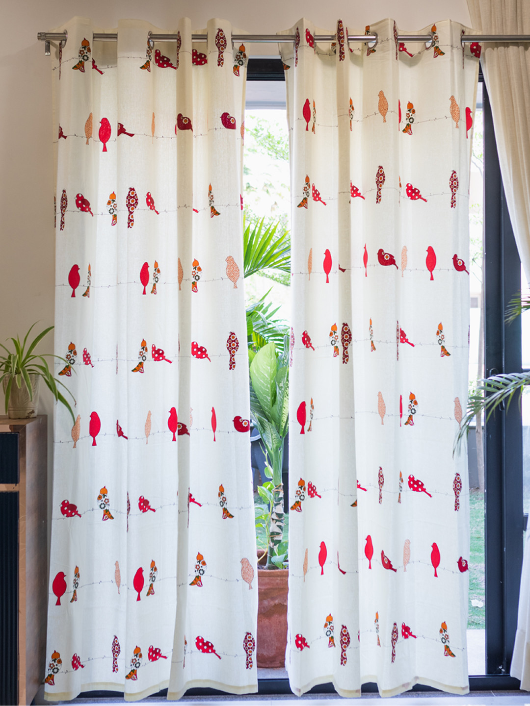 URBAN SPACE Cream-Coloured & Yellow Set of 2 Cotton Door Curtains