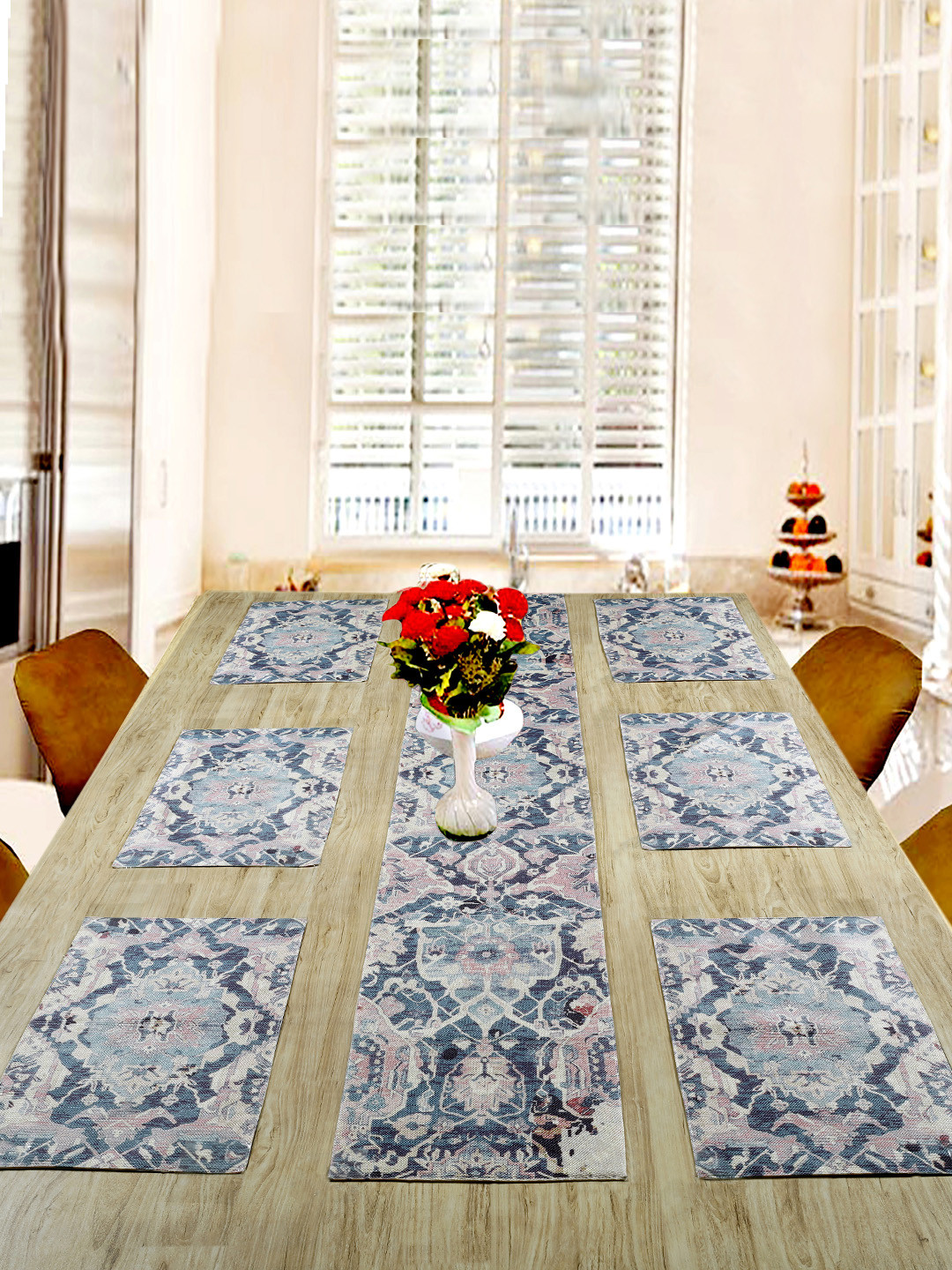BELLA TRUE Set of 7 Beige & Blue Digital Printed Table Placemats With Runner