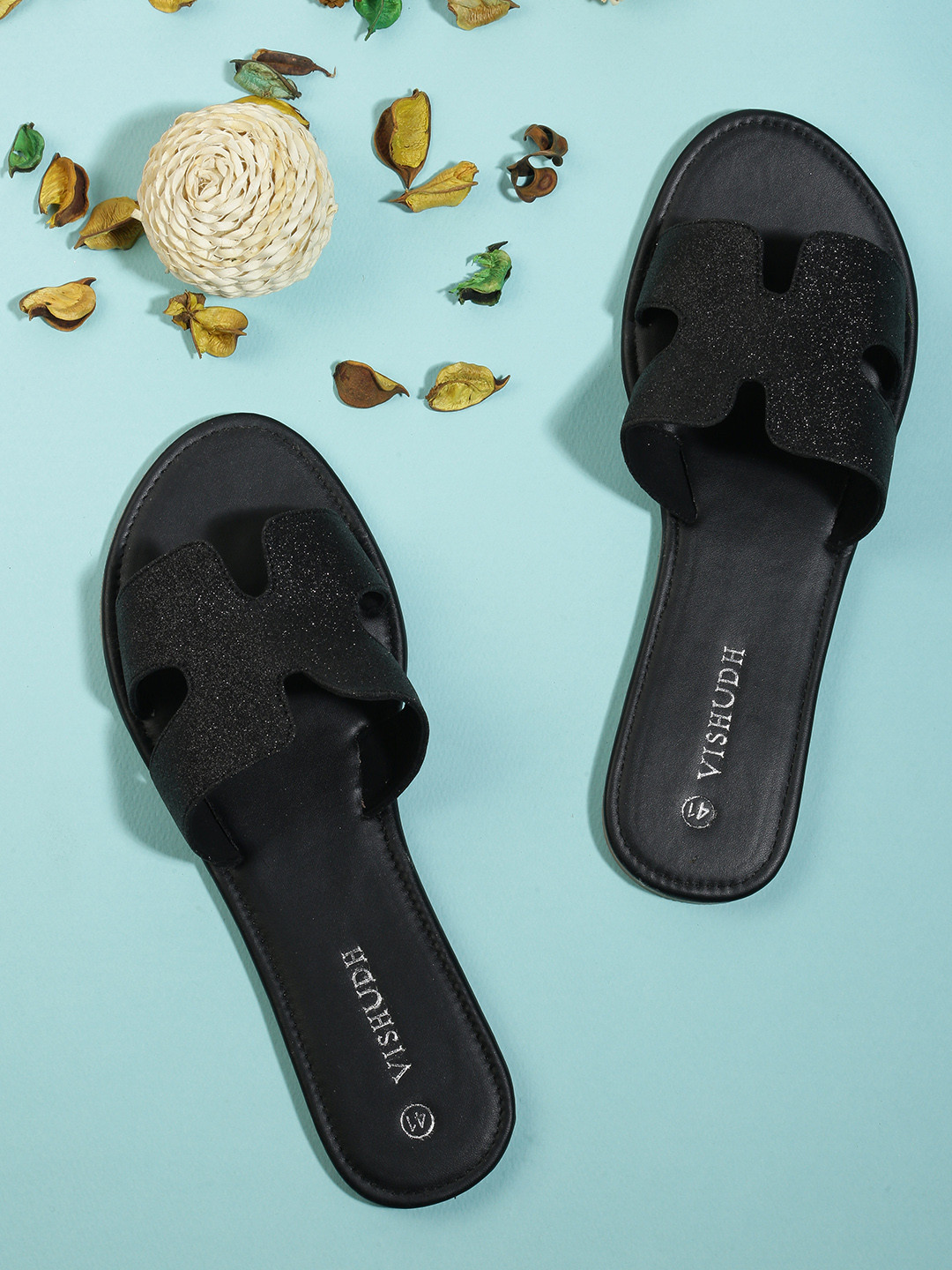 Vishudh Women Black Textured Open Toe Flats