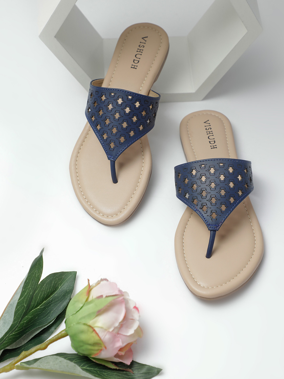 Vishudh Women Blue Open Toe Flats with Laser Cuts