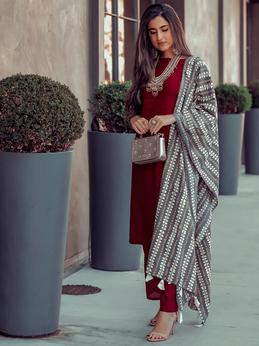 Rustorange Women Maroon Solid Straight Kurta with Cigarette Trousers & Dupatta