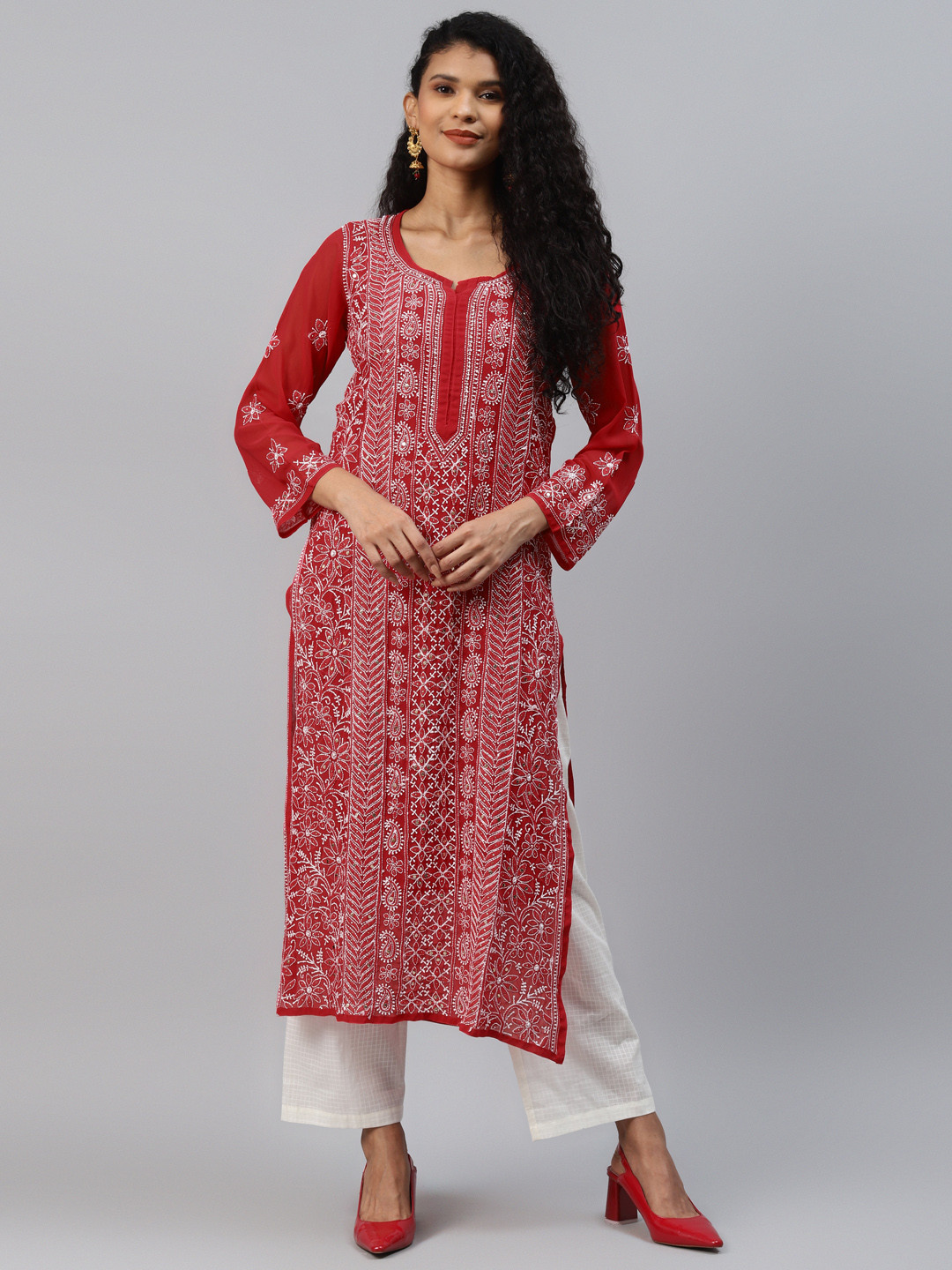 ADA Women Red & White Hand Embroidered Chikankari  Handloom Kurta With Matching Slip