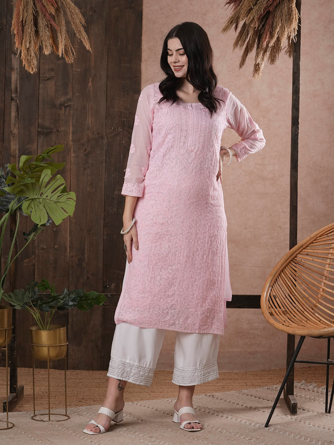 ADA Women Pink Chikankari Hand Embroidered Straight Kota Handloom Kurta With Matching Slip