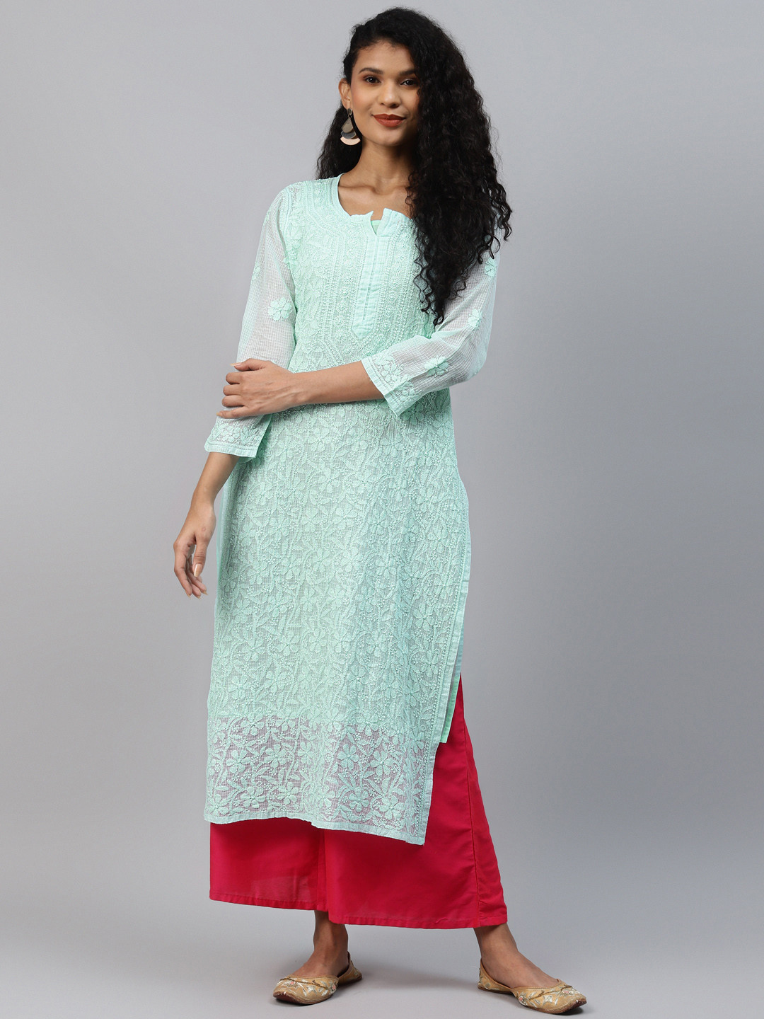 ADA Women Sea Green Chikankari Hand Embroidered Straight Kota Handloom Kurta With Matching Slip