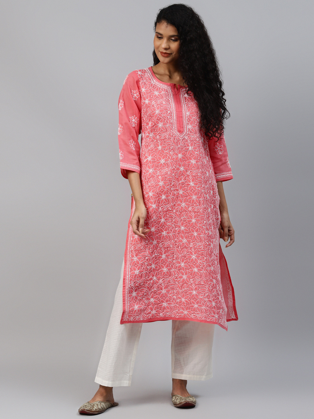 ADA Women Sustainable Pink & White Ethnic Motif Chikankari Hand Embroidered Straight Handloom Kurta