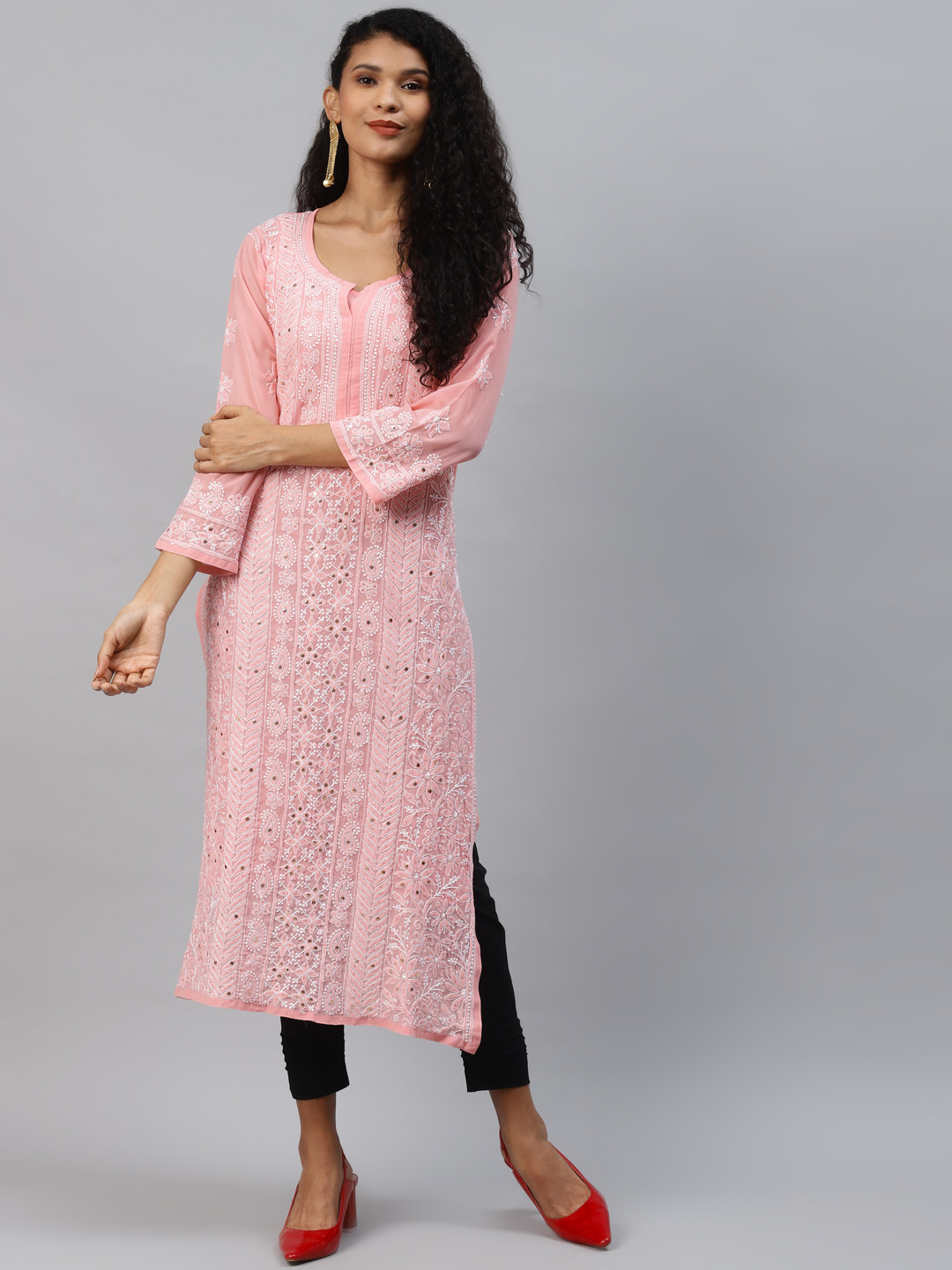 ADA Women Peach & White Paisley Hand Embroidered Chikankari Handloom Kurta & Matching slip