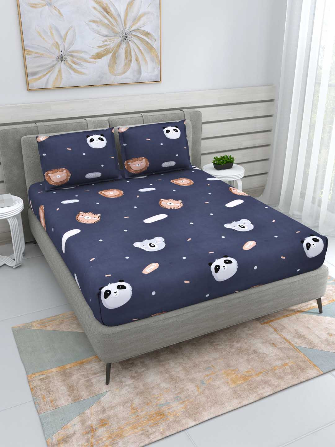 DREAM WEAVERZ Navy Blue Pure Cotton 220 TC Queen Superfine Bedsheet Set-100 x 93 inches