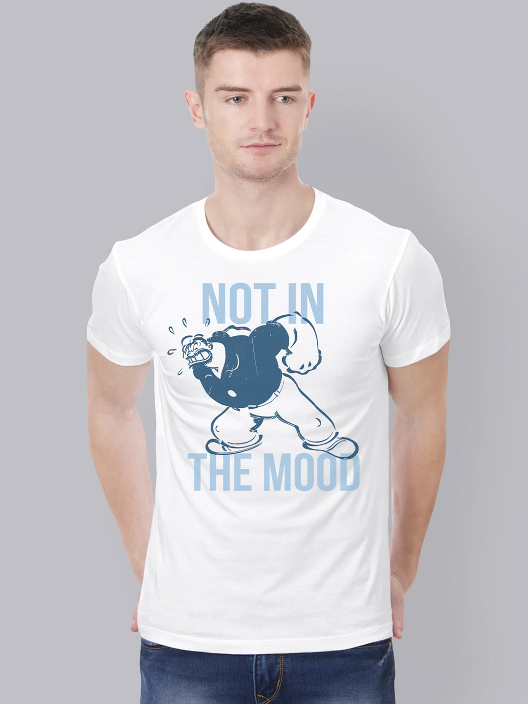 Free Authority Men White  Blue Popeye Print Round Neck Cotton Pure Cotton T-shirt