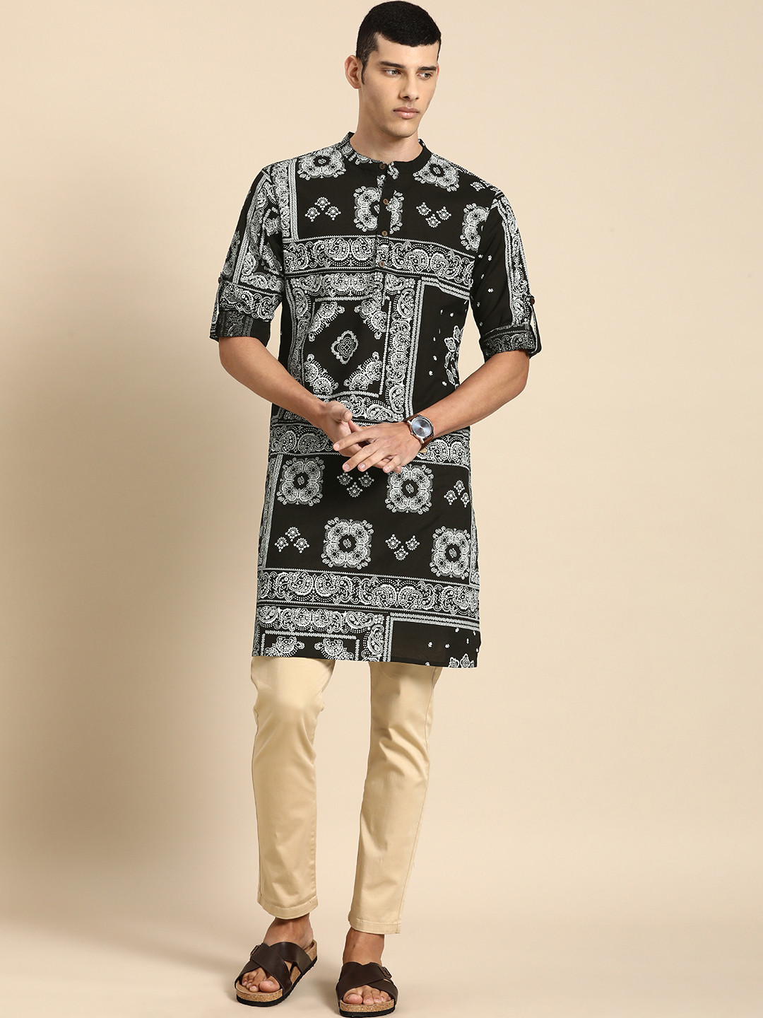 Anouk Men Black & White Ethnic Motifs Printed Straight Kurta