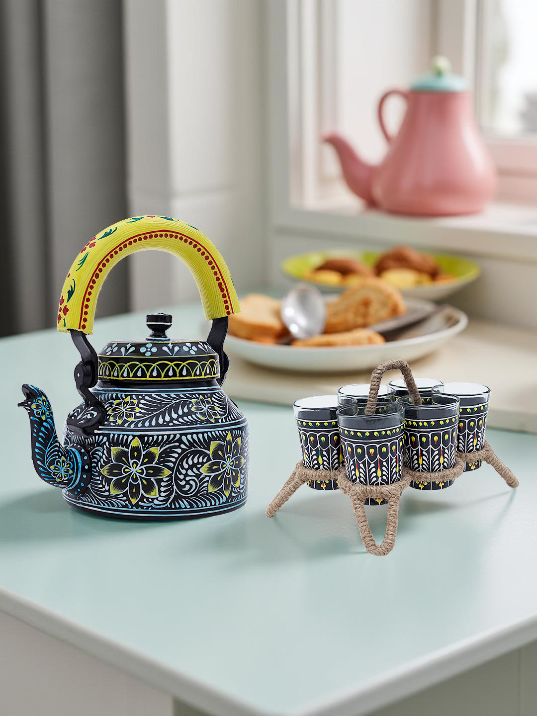 Golden Peacock Black & Blue Hand Painted Glass 6 Kettle Set