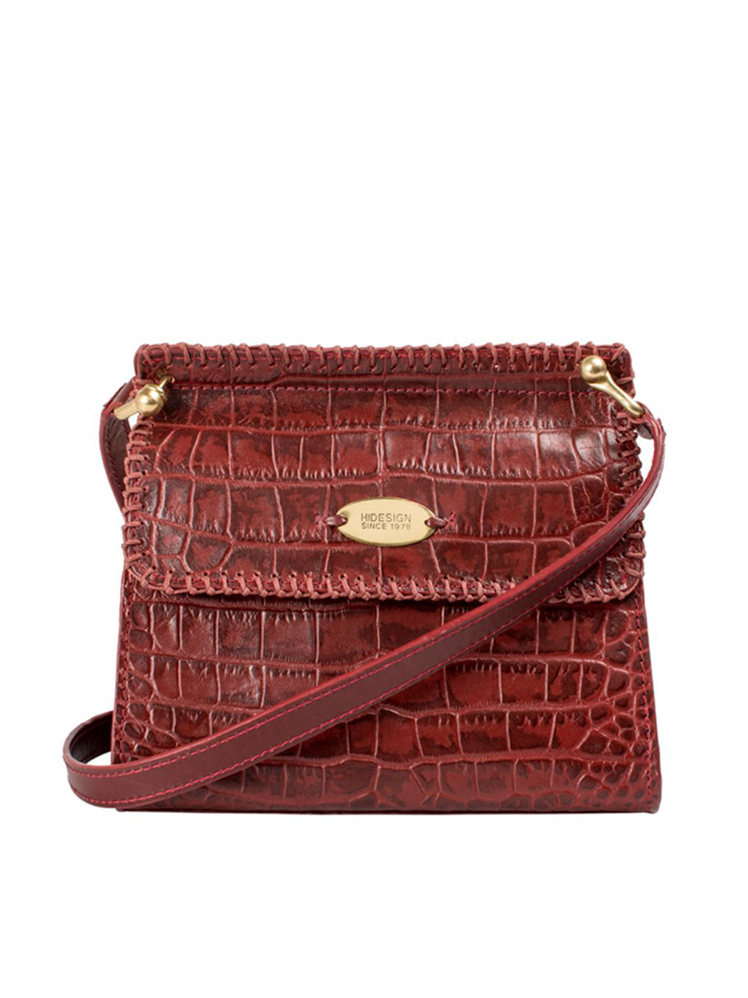 Hidesign Maroon Croco-Skin Textured Sling Bag