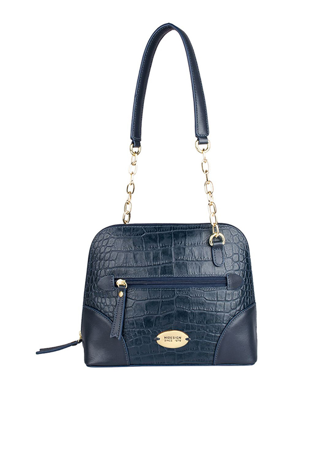 Hidesign Blue Croco-Skin Textured Leather Handheld Bag