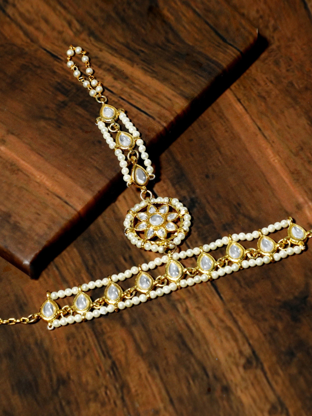 KARATCART Gold-Plated Kundan Pearl Chain Ring Bracelet
