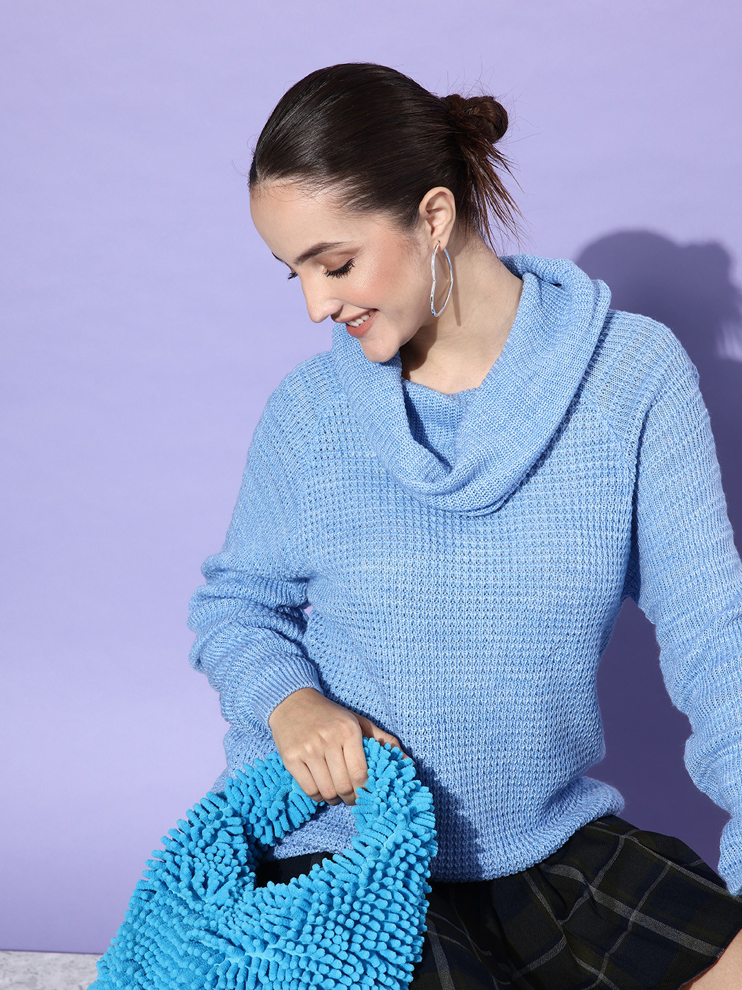 Roadster Women Blue Self-Design Cowl Neck Cable Knit Pullover