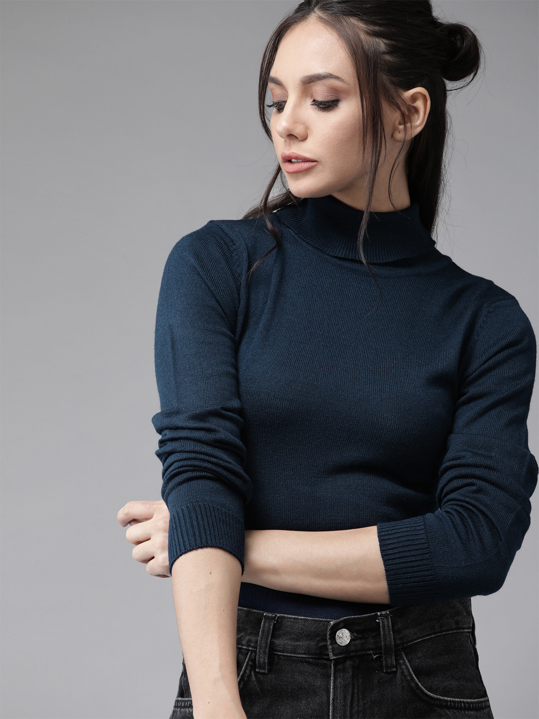Roadster Women Teal Green Solid Turtle Neck Pullover