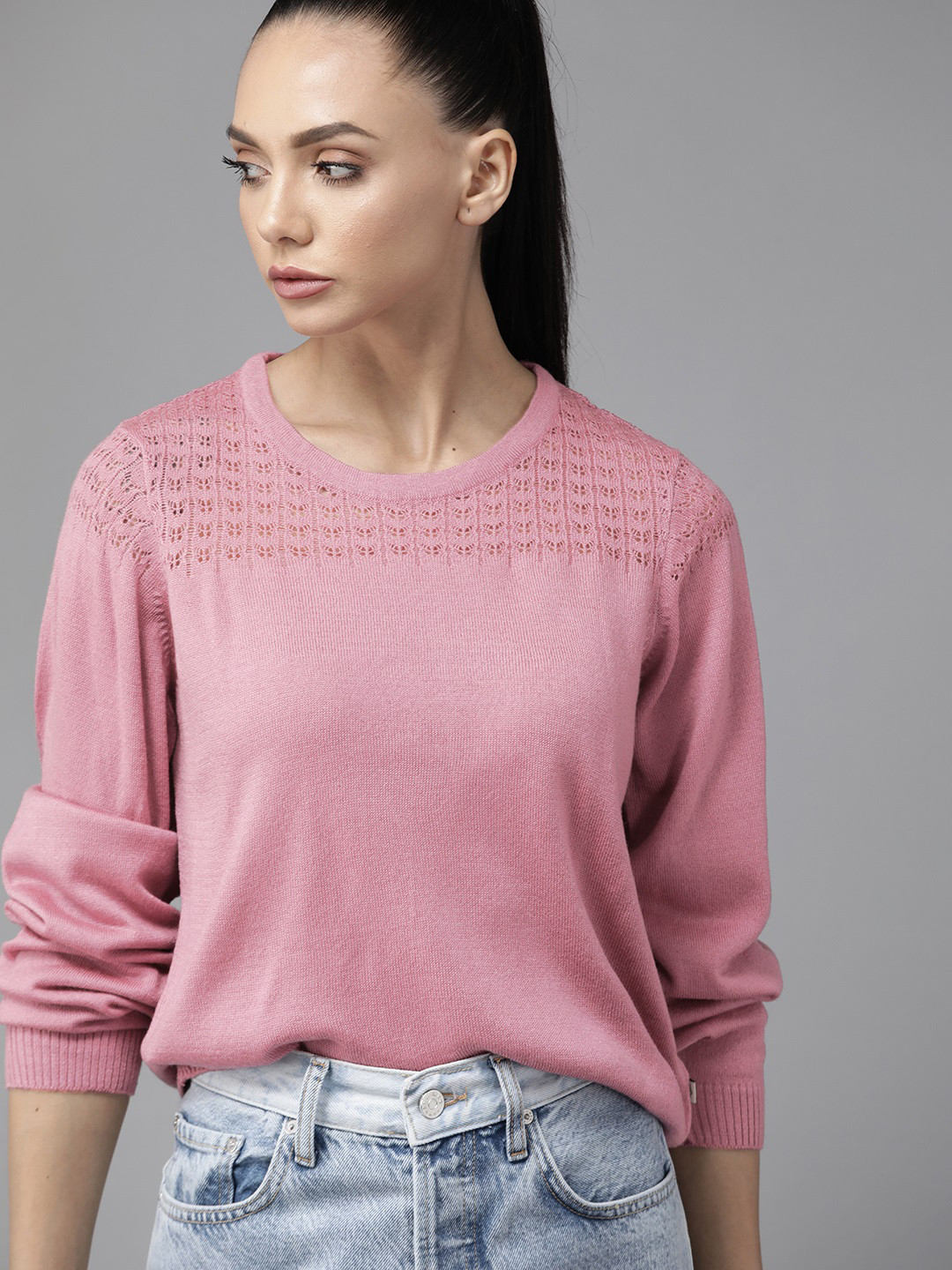Roadster Women Pink Solid Open Knit Yoke Pullover
