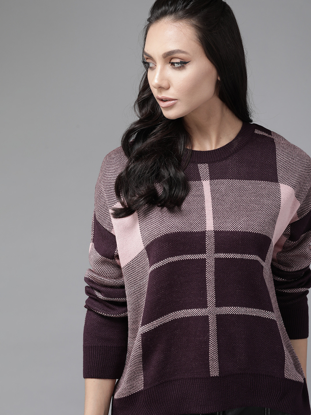 Roadster Women Purple & Pink Checked Pullover Sweater