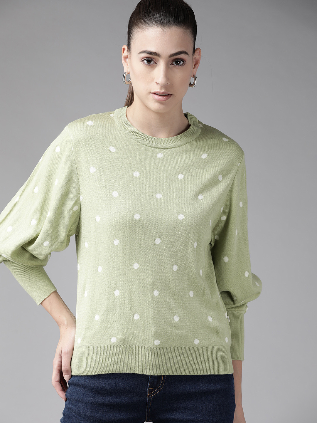 Roadster Women Green & White Polka Dots Pullover