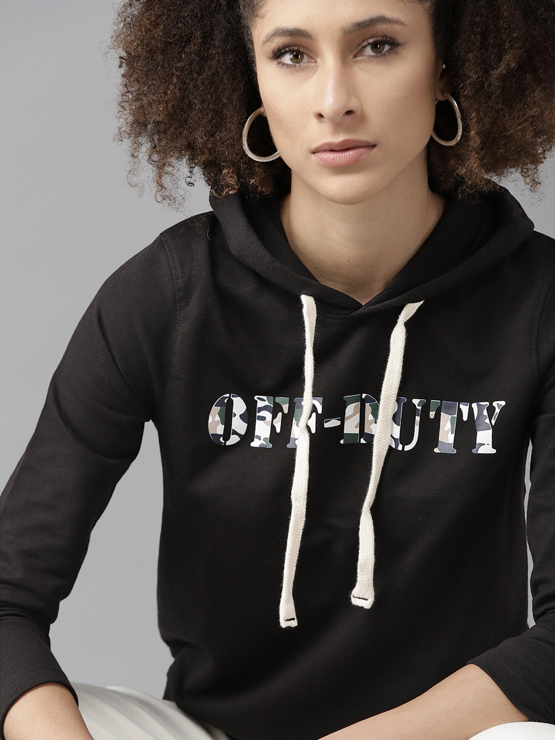 Roadster Women Black & White Printed Hooded Sweatshirt
