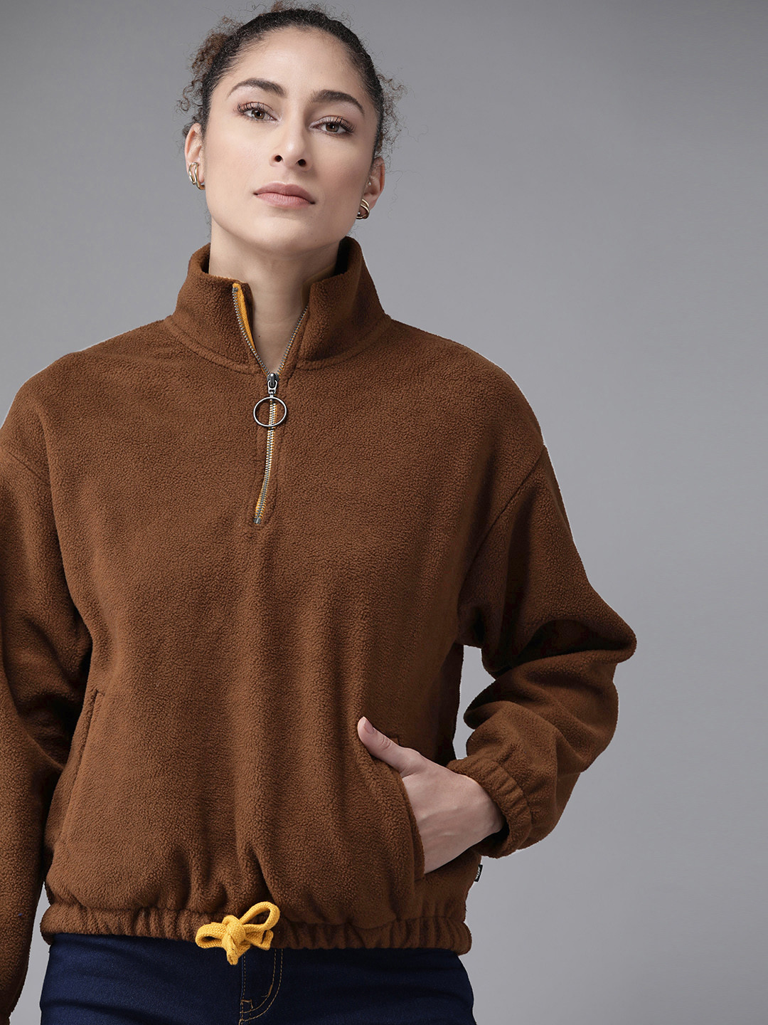 Roadster Women Brown Solid Fleece Sweatshirt with Cinched Waist