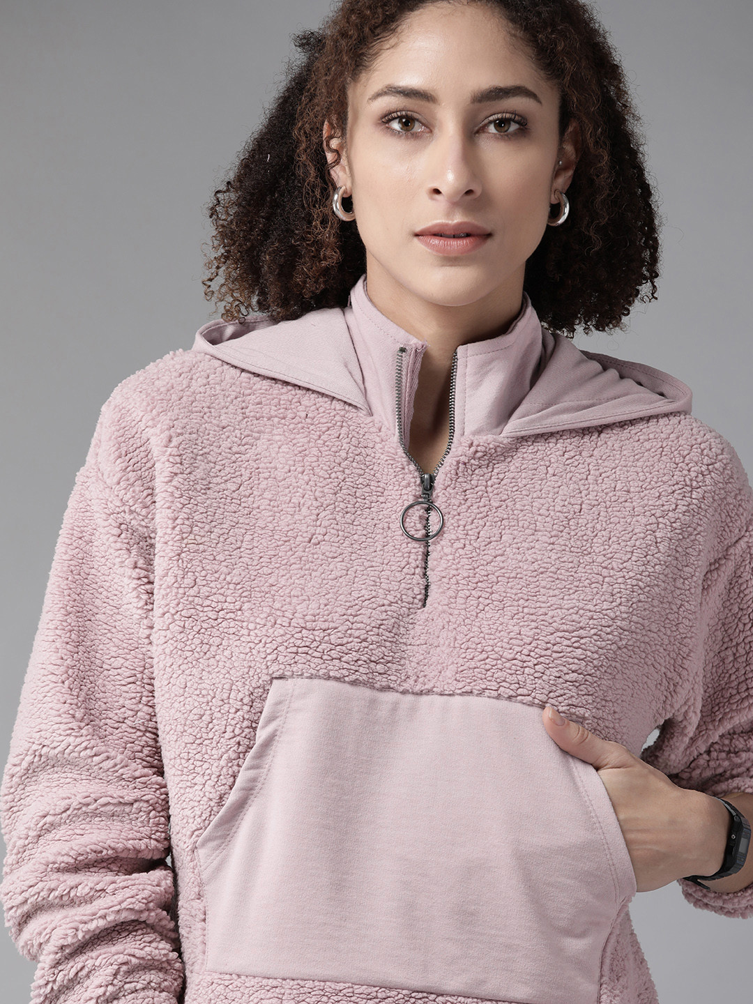 Roadster Women Lavender Solid Hooded Sherpa Sweatshirt