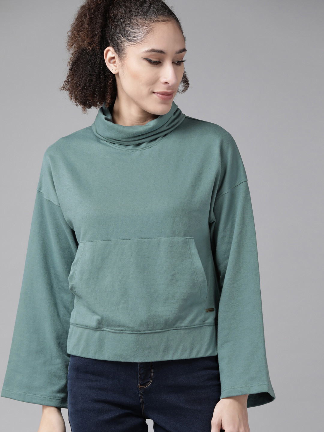 Roadster Women Green Solid Turtle Neck Sweatshirt