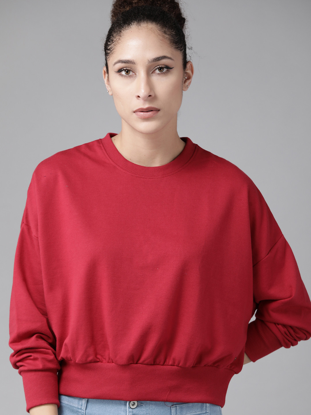 Roadster Women Maroon Solid Boxy Sweatshirt