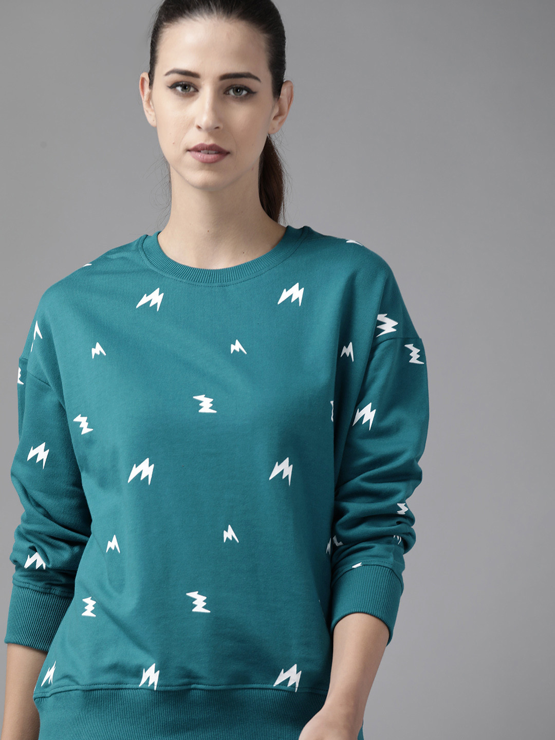 Roadster Women Teal Blue & White Printed Sweatshirt