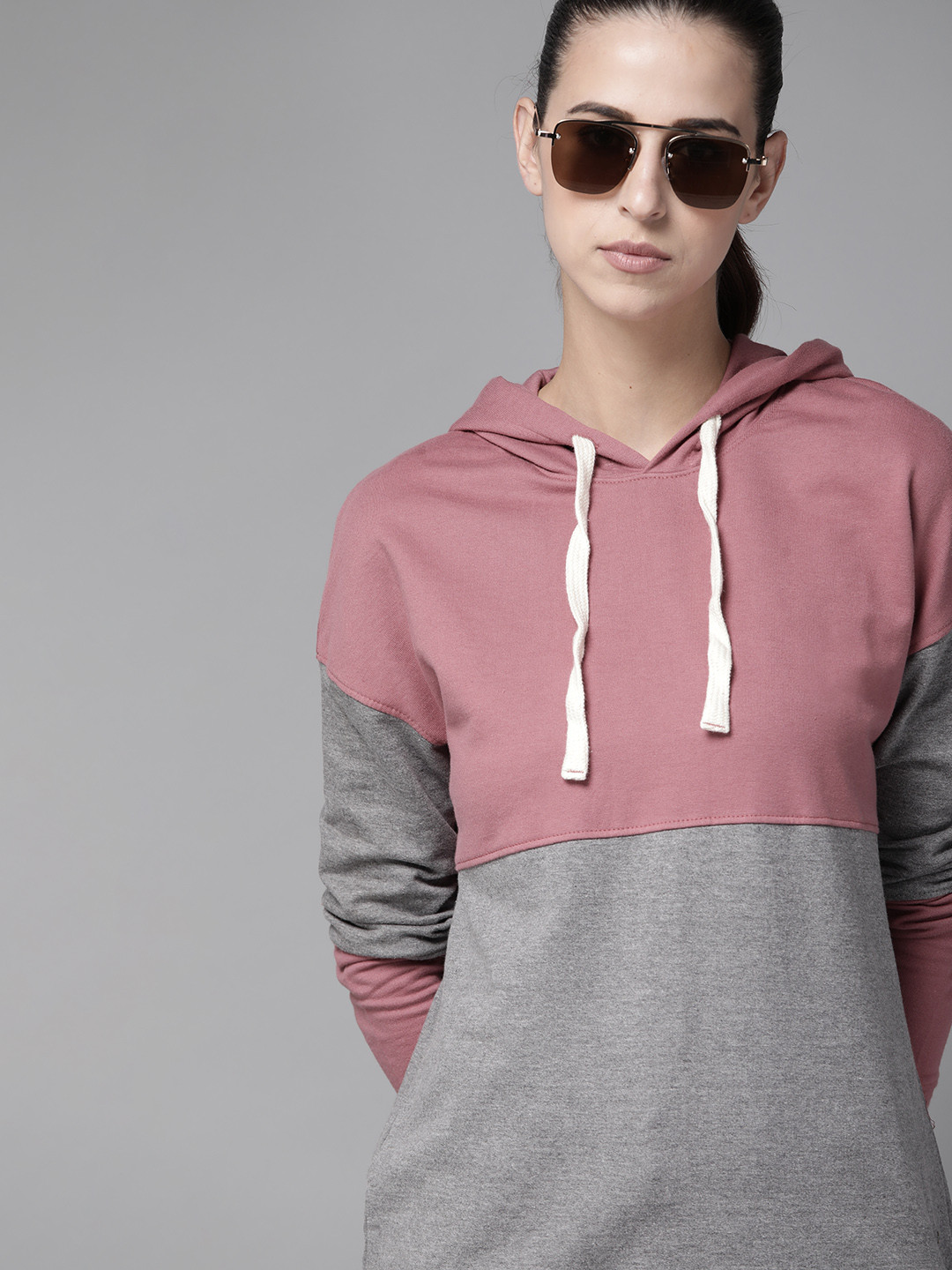 Roadster Women Grey Melange & Dusty Pink Colourblocked Hooded Sweatshirt