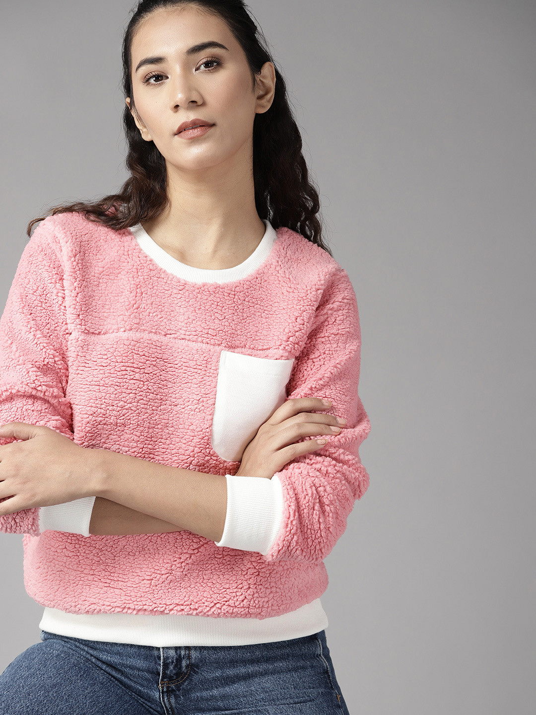 Roadster Women Pink Solid Contrast Pocket Sherpa Sweatshirt