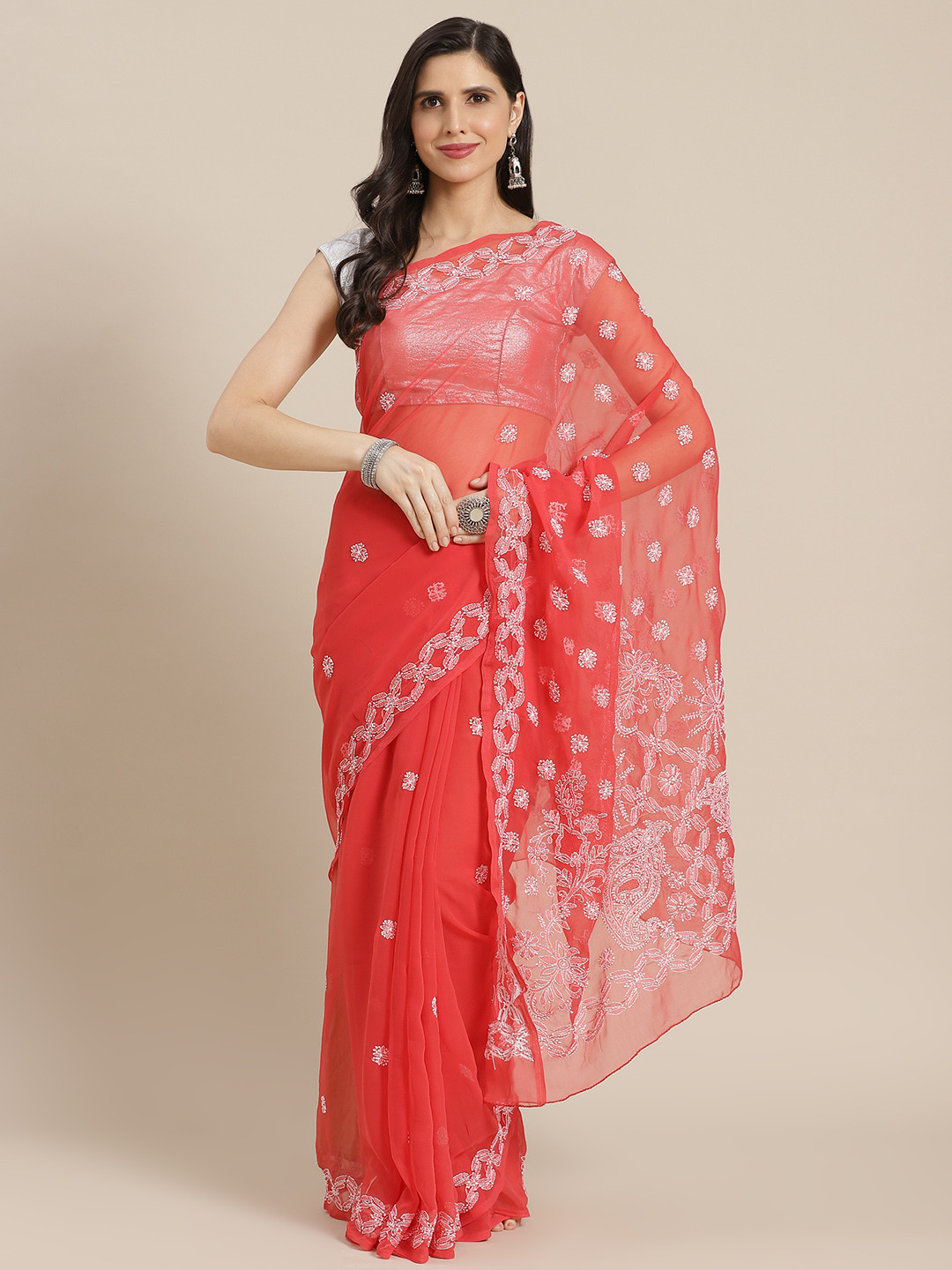 ADA Red & White Ethnic Motifs Chikankari Saree