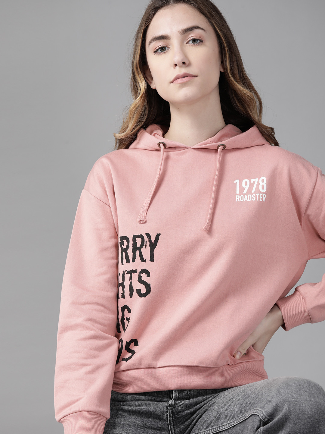 Roadster Women Pink & Black Printed Hooded Sweatshirt