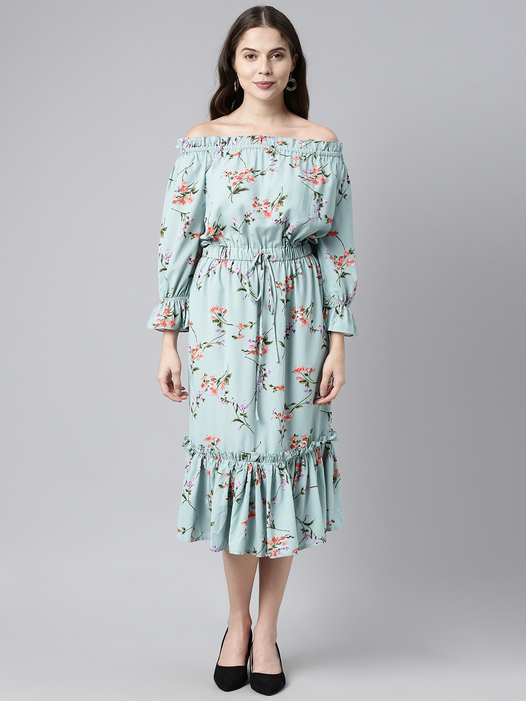 AHIKA Blue & Red Floral Print Off-Shoulder Flounce Hem Midi Dress with Waist Tie-Ups